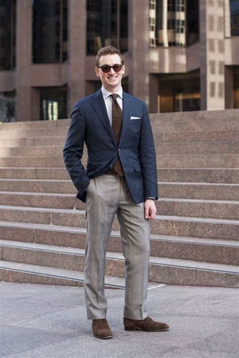 Perfectly Styled: Blue Blazer, Grey Pants, and Brown Shoes